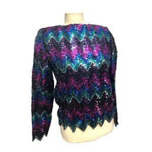 Vintage MIss H Multi Color Sequin Blouse Sz Small Womens Long Sleeve 80s